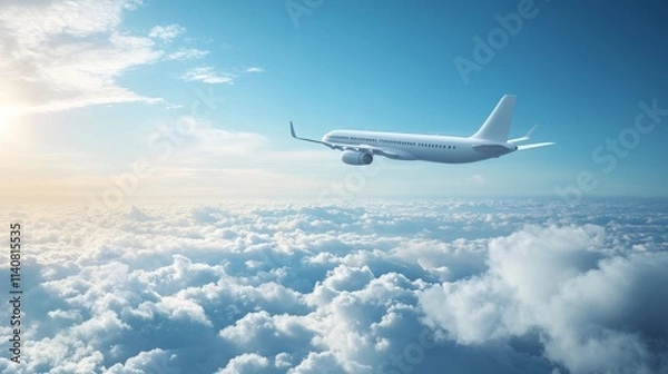 Fototapeta Airplane Soaring Above Clouds - Journey, freedom, travel, adventure, escape.  A plane flies high above fluffy clouds in a bright sky.