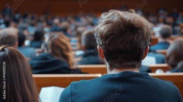 Fototapeta Audience attending a lecture, focusing on the back of a student.
