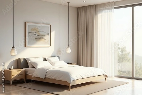 Fototapeta Minimalist modern bedroom with large window and elegant decor.
