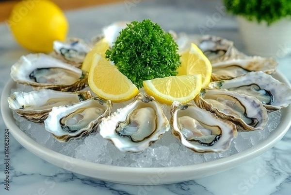 Fototapeta Fresh oysters on ice with lemon garnish