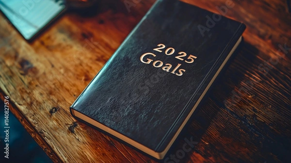 Fototapeta A black notebook with "2025" written on it, goals for the year 2025, the upcoming year, inspirational goals, goals of change, or goals of other things