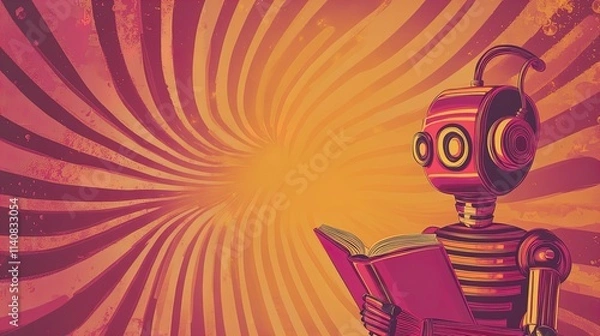Obraz Futuristic Cyberpunk Poster: Adorable Robot Reading on a Glowing Circuit Board - Perfect for High-Tech Interiors and Sci-Fi Enthusiasts