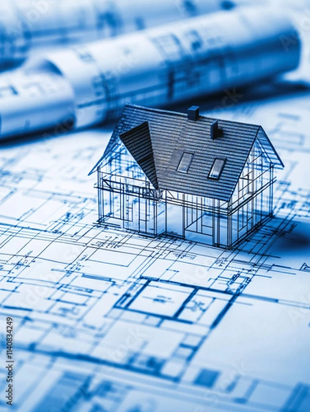 Fototapeta Architectural 3D models and designs of residential houses with blueprint backgrounds, featuring wooden structures, modern construction details, and housing concepts