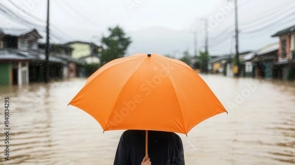 Fototapeta Typhoons bring floods and severe weather. Person with orange umbrella in flood