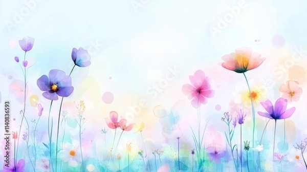 Fototapeta Colorful watercolor flowers on a soft pastel background.