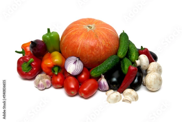 Obraz Vegetables and champignons on a white background.