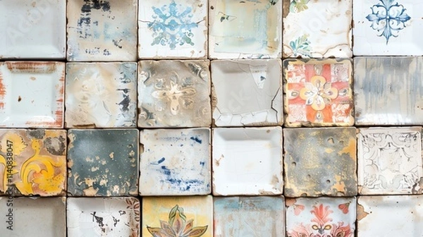 Fototapeta A clean, high-resolution image of hand-painted ceramic tiles with a white background.--ar 16:9