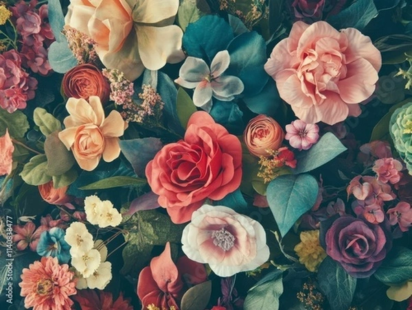 Fototapeta Artificial Flowers Wall for Background in vintage style 