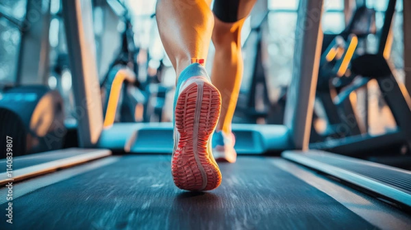 Fototapeta Dynamic Close-Up of Runner's Footwear on Treadmill, Indoor Fitness Environment, Focus on Athletic Performance, Exercise, and Healthy Lifestyle Emphasis