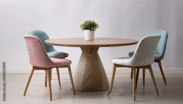 Obraz A round light wood table with four casual fabric chairs in pastel shades, set on a smooth po
