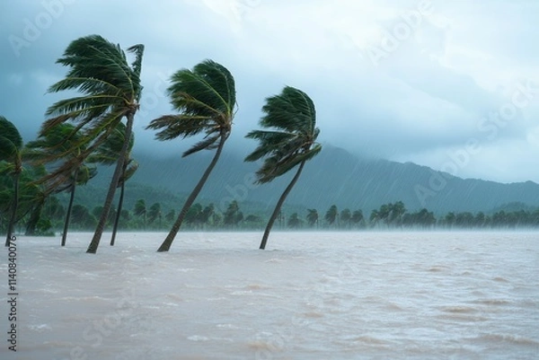 Fototapeta Typhoons bring floods and severe weather. Stormy landscape with bending trees and floodwa...