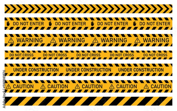 Fototapeta Warning, Do not cross, Caution, Under construction barrier tape collection sign for web site road working security attention black text on transparent background