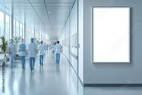 Obraz Blank white poster frame on the wall of an hospital interior, doctors and nurses in motion blur walk, window light from outside.