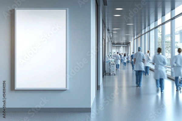 Obraz Blank empty white picture frame mockup in a hospital corridor with blurred medical personnel while walking