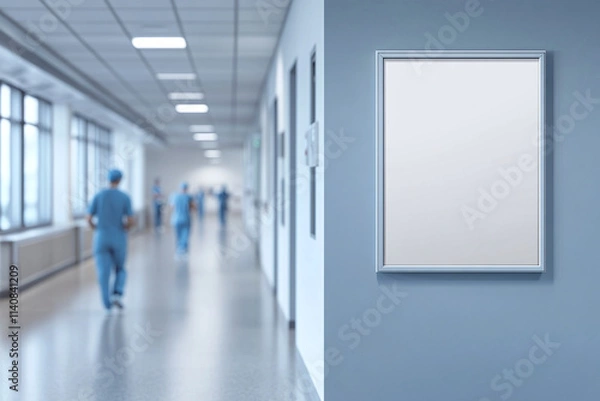 Obraz Blank white poster frame on the wall of an hospital interior, doctors and nurses in motion blur walk, window light from outside.