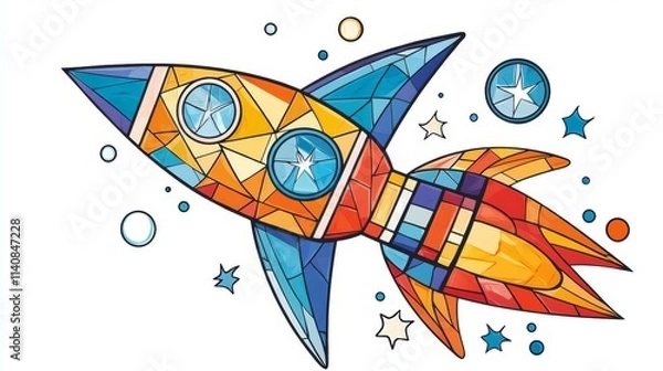 Fototapeta A colorful rocket illustration soaring through space with vibrant geometrical patterns.
