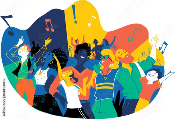 Obraz Group of people of different ages is happy to be together dancing and celebrating a special event. Happy family enjoy concert, music festival, party, show, performance, recital. Vector illustration
