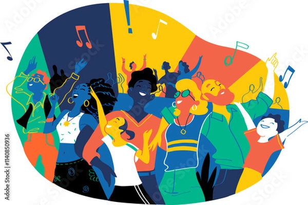 Fototapeta Group of people of different ages is happy to be together dancing and celebrating a special event. Happy family enjoy concert, music festival, party, show, performance, recital. Vector illustration