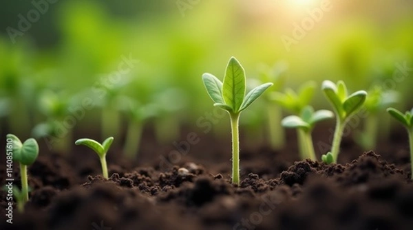 Fototapeta Close-up of fresh green seedlings sprouting from dark, moist soil, illuminated by soft sunlight in a greenhouse. A vibrant display of early plant growth.