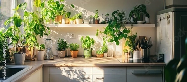 Fototapeta A kitchen counter with various plants in pots, some hanging from shelves, a blender, and a white fridge in the background. Sunlight shines through the window creating shadows on the countertop.