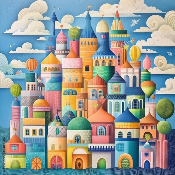 Fototapeta Colorful fantasy castle with whimsical designs and vibrant sky.