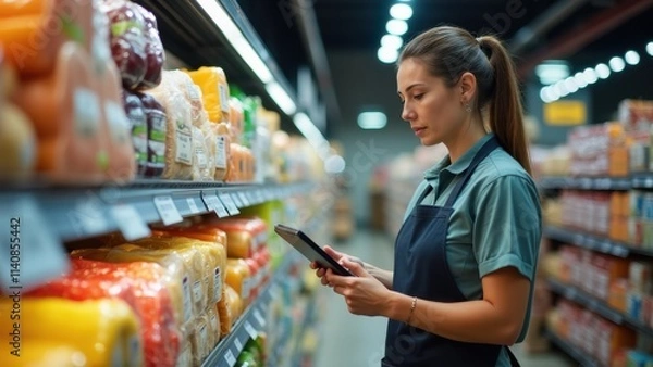 Fototapeta A grocery store worker is using a digital device to check stock levels while standing in front of shelves loaded with different food items during a busy shopping day