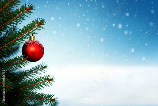 Obraz red christmas ornament  on pine tree branches with snowy winter background