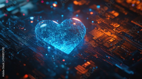Obraz Blue heart designed as central processing unit of love. Post producted generative AI digital illustration.