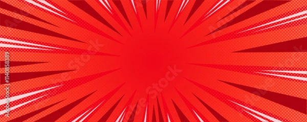 Obraz Sun rays red background, starburst anime pop art cartoon or comic, dotted texture and explosion effect or sunburst, halftone gradient, fun and exciting template frame.