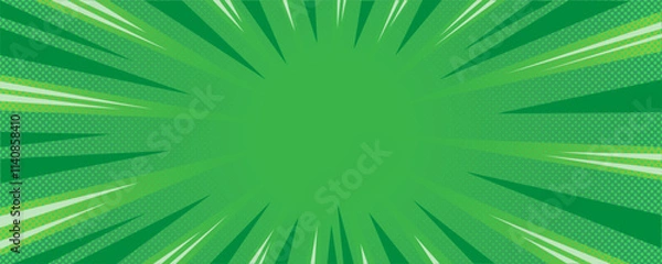 Fototapeta Sun rays green background, starburst anime pop art cartoon or comic, dotted texture and explosion effect or sunburst, halftone gradient, fun and exciting template frame.