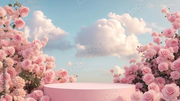 Fototapeta A dreamy pastel circular pink podium by blooming pink roses, a soft sky with fluffy clouds. a romantic surreal showcasing product. floral display, flowers around a stage, Valentine’s Day background