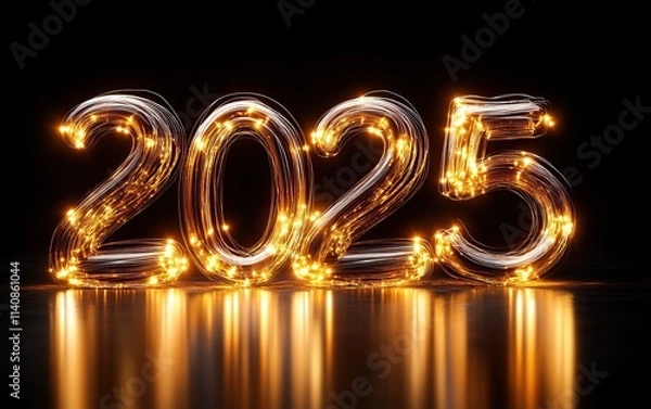 Fototapeta Bright, illuminated numbers "2025" on a reflective surface, symbolizing celebration and the New Year with a festive glow.