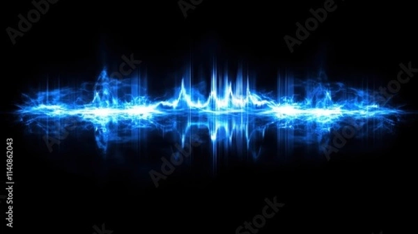 Fototapeta Symmetrical blue wave pattern, resembling an abstract representation of sound waves or energy, set against a dark background