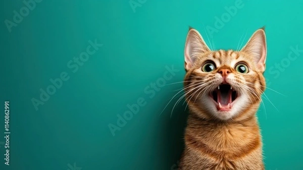 Obraz A ginger cat with wide, surprised eyes sits against a bright turquoise background, capturing a moment of playful curiosity and vibrant contrast in a modern setting.