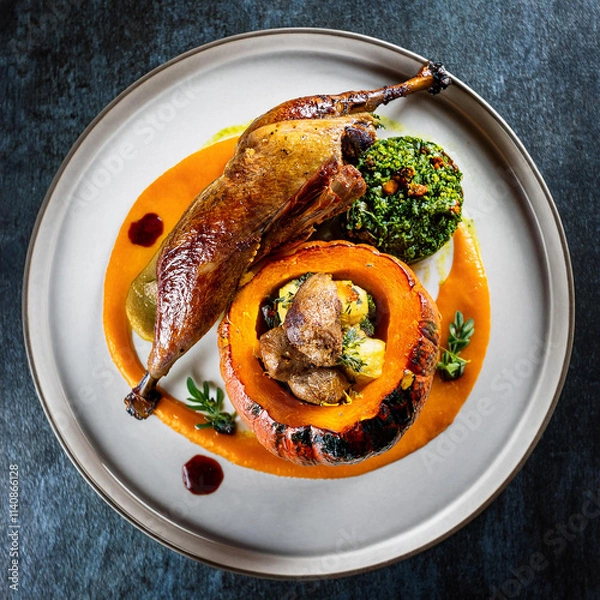 Obraz Roasted Mesquer Squab with Butternut Squash and Liveche