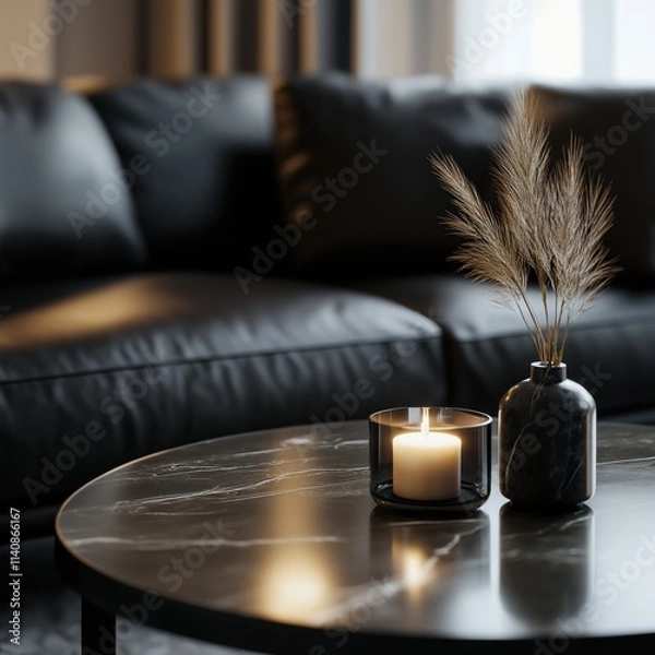 Fototapeta A modern living room with a candle on a marble table, luxurious black sofa and pampas grass for ambiance.