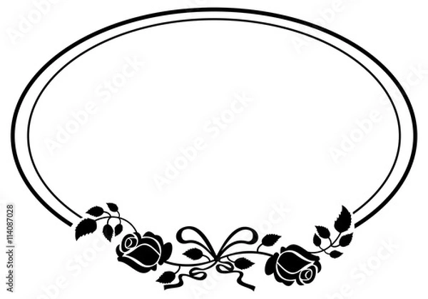 Obraz Oval black and white frame with roses silhouettes. Vector clip art.