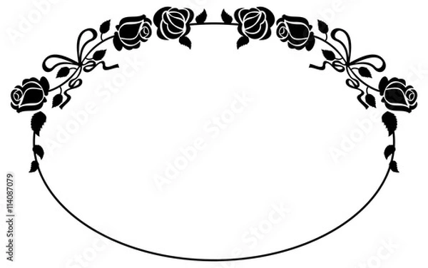 Obraz Oval black and white frame with roses silhouettes. Vector clip art.