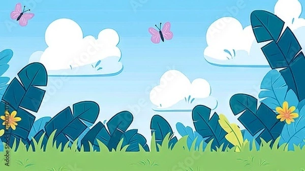 Fototapeta A vibrant, cartoon-style landscape with greenery, clouds, and butterflies.