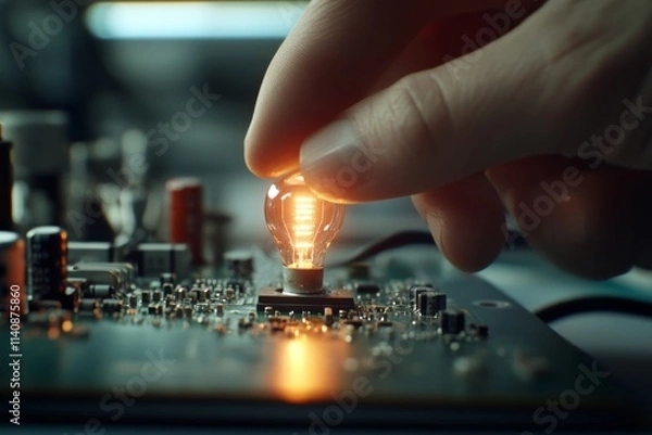 Fototapeta A hand places a miniature bulb on a circuit board, symbolizing innovation and technological creativity in a modern setting.