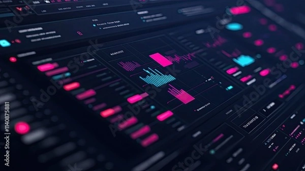 Fototapeta Close-up of a digital dashboard displaying data visualizations, graphs, and charts.