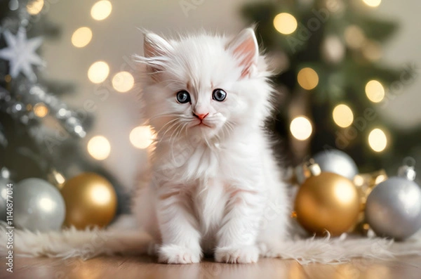 Obraz White small cat on a bokeh background. white cat near the New Year tree. Portrait of a white beautiful cat with big eyes. the festive holiday season. 