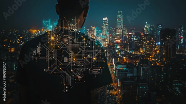Fototapeta Abstract businessman stands on the peak of success Smart digital city with connection cyber security network reciprocity over the cityscape future wireless digital city and social media networking
