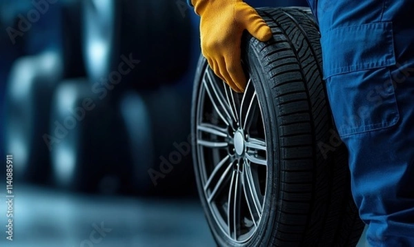 Fototapeta Mechanic holding new tire in car tire shop with garage setting and stacked tires in background