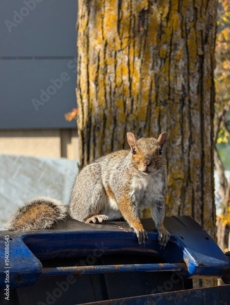 Obraz Urban Squirrel Resting on Trash Bin in Autumn Light