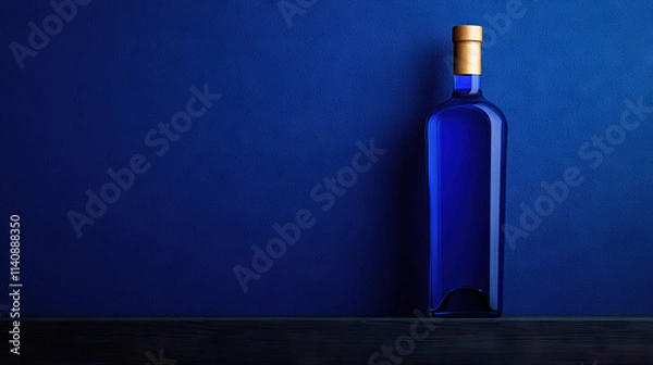 Fototapeta   A blue bottle of wine rests atop a wooden table against a blue backdrop, adorned with a gold cap