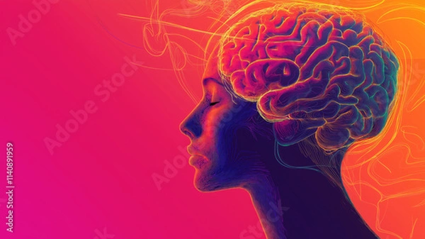 Fototapeta Illustration of abstract profile of a human head and consciousness with physical and chemical structures in the head, Person creative mind, Psychic waves concept, Generative AI illustration