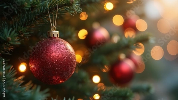 Obraz Bright Red Ornaments on a Festive Christmas Tree Welcoming a Joyful Holiday Season