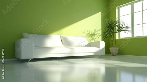 Fototapeta Modern Green Room Interior Design: White Sofa, Sunlight, and Plant