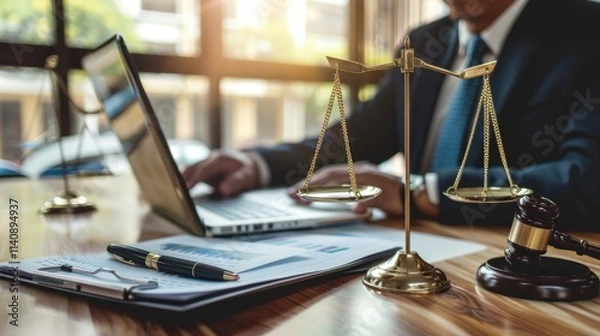 Fototapeta Legal Work. Lawyer Examining Documents in Courtroom, Law and Justice Concepts